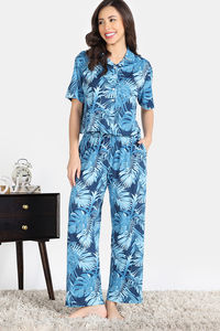 Zivame Indigo Wild Knit Poly Pyjama Set - Moonlight Ocean — thumbnail 3